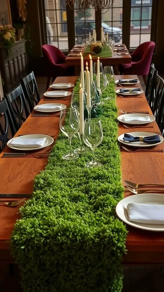 23 Creative Moss Decor Ideas to Beautify Your Home 6 A dining table featuring a green moss table runner, elegant candles, and glassware.
