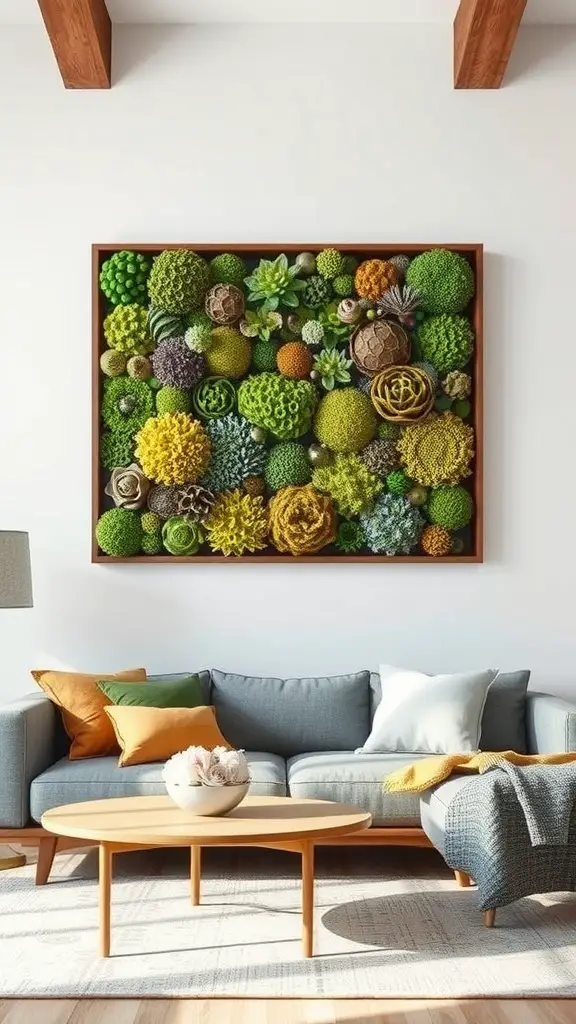 23 Creative Moss Decor Ideas to Beautify Your Home 10 A vibrant moss wall art installation featuring an array of textures and colors, displayed above a cozy couch.