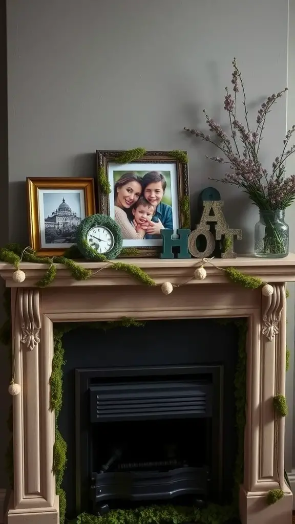 23 Creative Moss Decor Ideas to Beautify Your Home 8 A cozy mantel decorated with mossy photo frames, a clock, and a vase with flowers.
