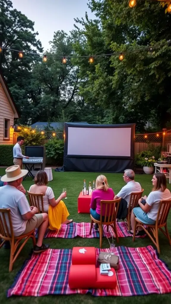 19 Creative Ideas for Epic Backyard Movie Nights 13 A backyard setup for a movie night with a large screen, chairs, and string lights