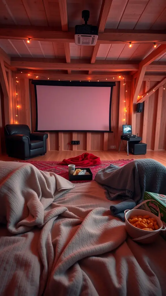 27 Creative Hangout Room Ideas for Your Space 14 A cozy movie marathon setup with blankets, snacks, and a large screen.