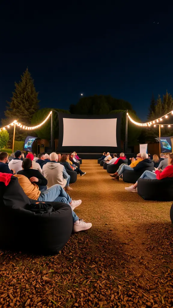 15 Creative Outdoor Movie Night Ideas for Unforgettable Evenings 13 Outdoor movie night with people seated on bean bags in front of a large screen under string lights.