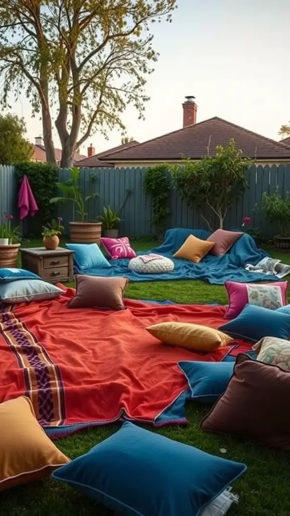 15 Creative Outdoor Movie Night Ideas for Unforgettable Evenings 14 Cozy outdoor movie setup with colorful blankets and pillows on the grass.