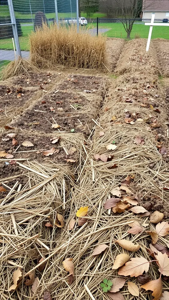 Mulched garden beds with straw and leaves for winter protection