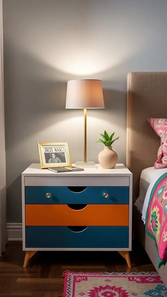 19 Creative Nightstand Ideas to Elevate Your Bedroom Decor 5 Colorful multi-drawer nightstand with lamp and plant beside a bed
