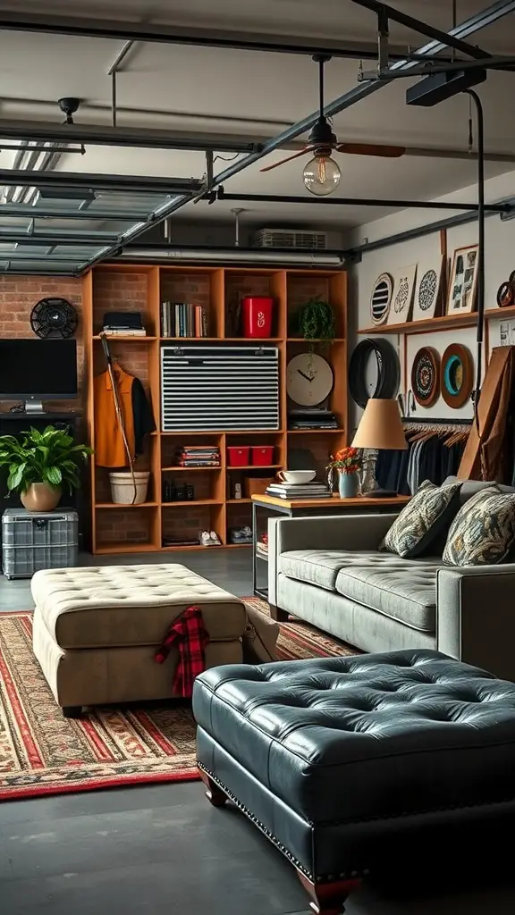 23 Stylish Garage Lounge Ideas You’ll Love 11 Garage lounge featuring a cozy sofa, multi-functional ottomans, and organized storage units.