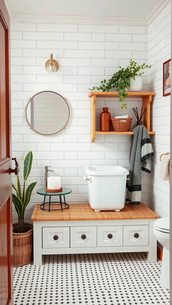 A small bathroom featuring multi-functional furniture with a bench, storage drawers, and a wall shelf.