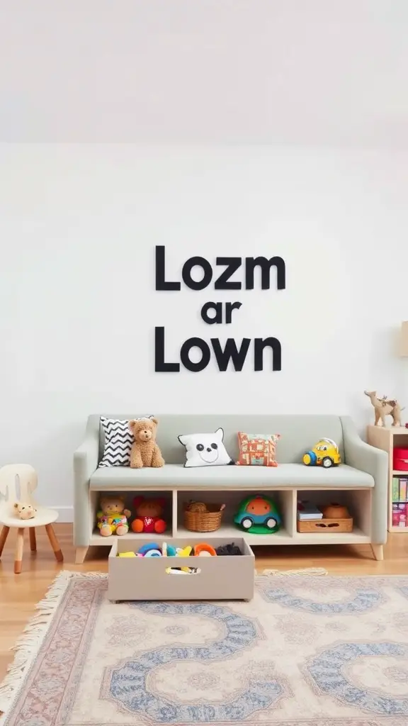 A playroom featuring a couch with built-in storage, colorful toys, and a cozy rug.