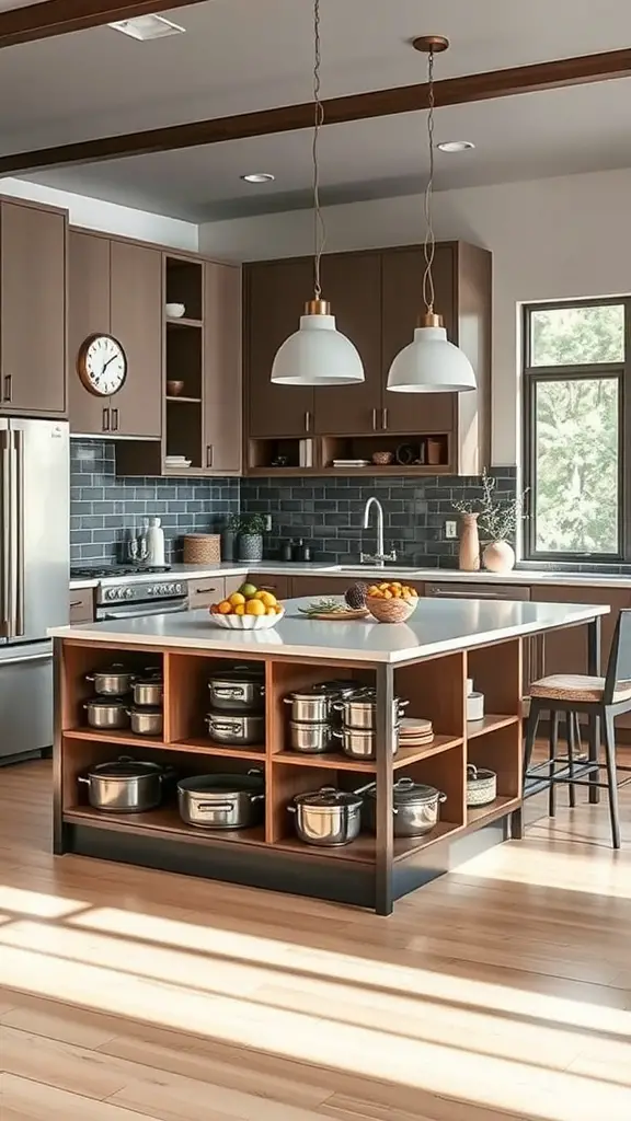 17 Genius Storage Solutions for Small Kitchens 9 A modern kitchen island with open shelves featuring pots and fruits, surrounded by wooden cabinets and pendant lights.