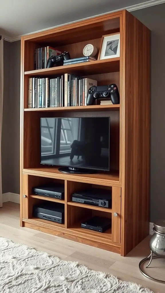 21 Creative DVD Storage Solutions for an Organized Home 8 A wooden media cabinet displaying DVDs, books, and electronic devices.