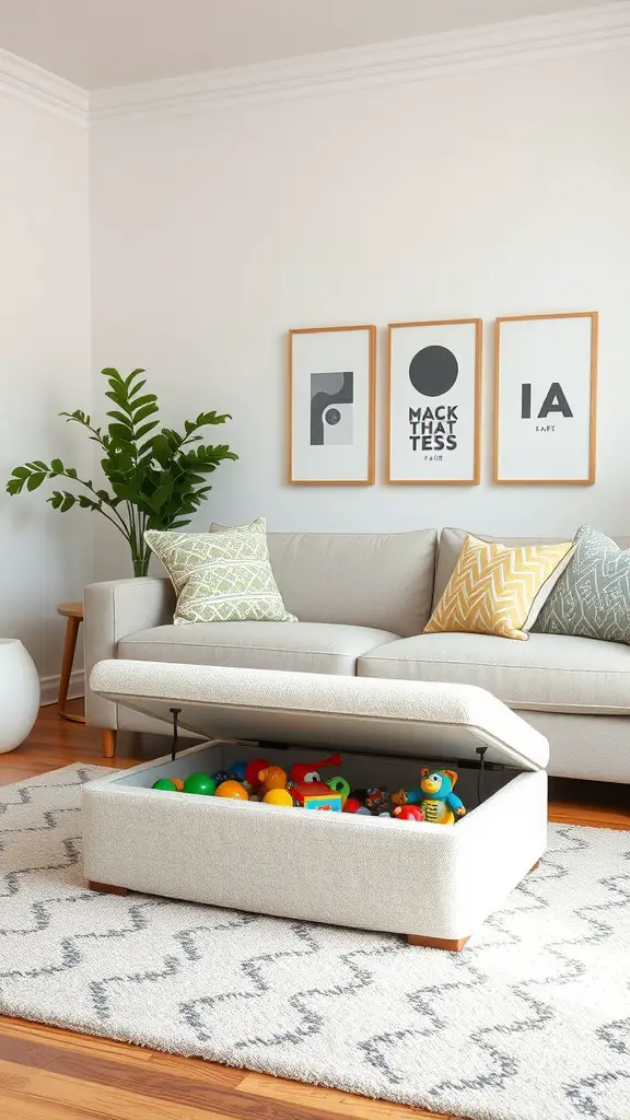 25 Creative Living Room Toy Storage Ideas for a Clutter-Free Space 6 A cozy living room featuring a plush ottoman with a lift-top design, revealing colorful toys inside.