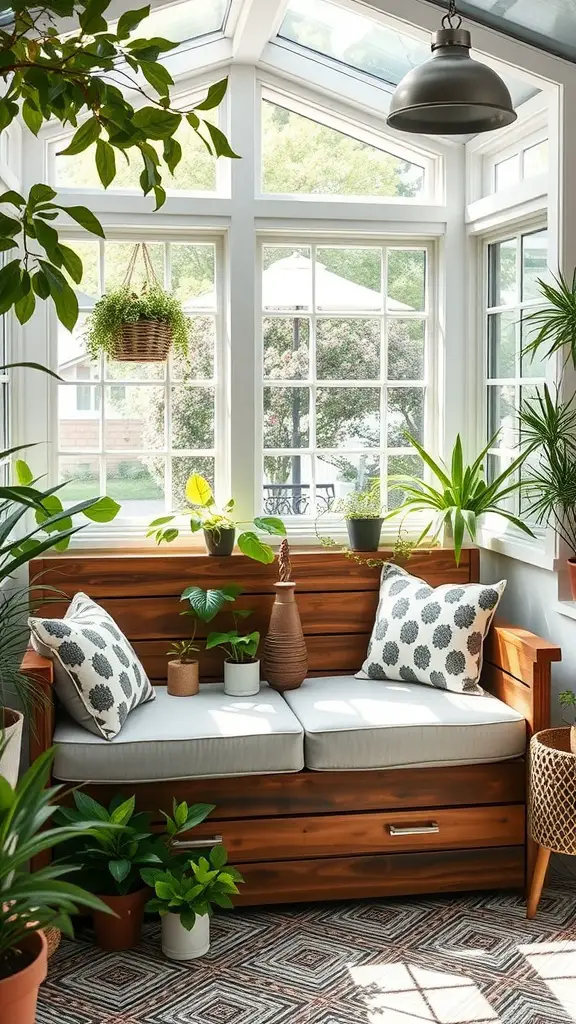 A multi-functional wooden bench with cushions and pillows in a sunroom, surrounded by plants and sunlight.