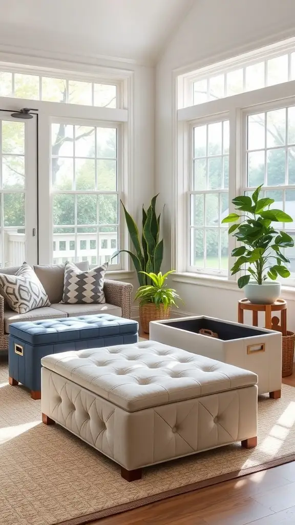 A bright sunroom featuring three multi-functional storage ottomans in different styles, surrounded by large windows and plants.