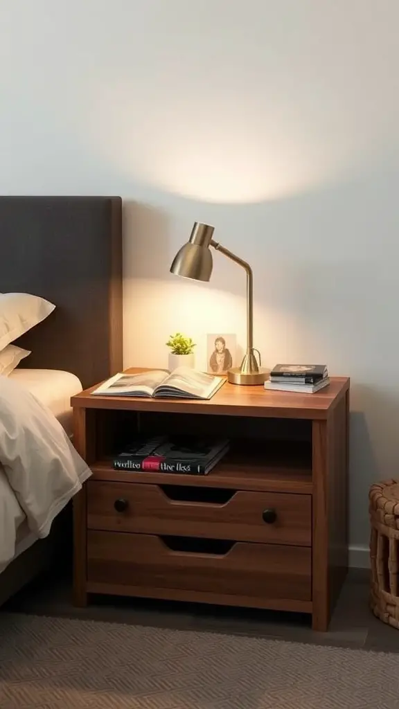 21 Stunning Bedside Table Ideas for Every Style 11 A modern wooden bedside table with two drawers, a lamp, and an open shelf displaying a plant and a book.