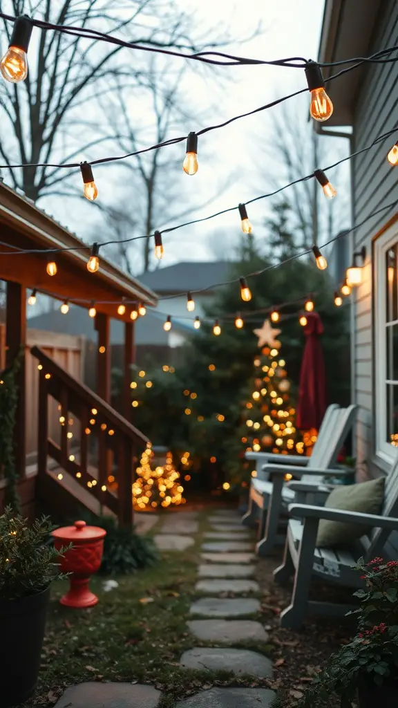 17 Stunning Backyard String Lights to Transform Your Outdoor Space 13 A cozy backyard with string lights, a pathway, and festive decorations.
