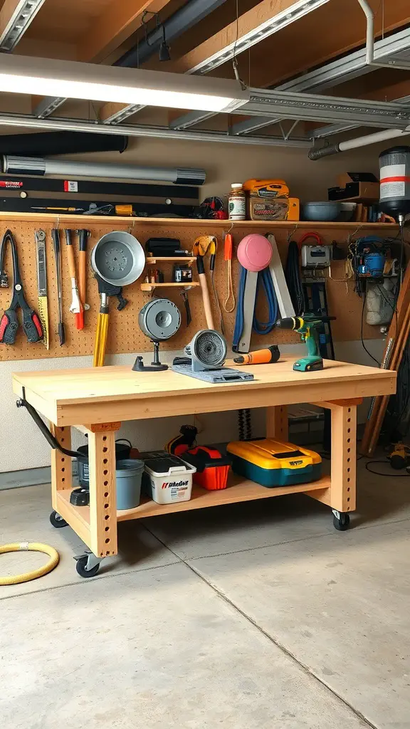 21 Creative Garage Workbench Ideas to Maximize Your Space 5 A multi-functional workbench in a garage with tools organized on a pegboard and storage bins underneath.