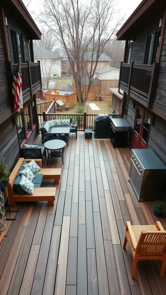 19 Stunning Large Backyard Layout Ideas to Transform Your Outdoor Space 6 A multi-level wooden deck with seating and a grill, surrounded by trees and houses in the background.