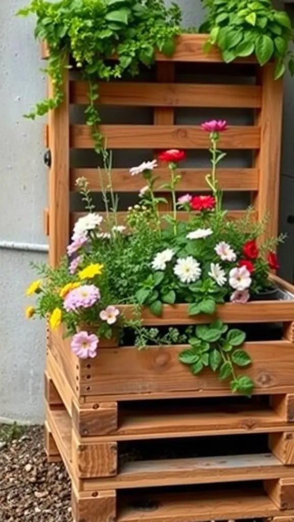 25 Creative Pallet Garden Furniture Ideas You’ll Love 5 Multi-level wooden pallet planter box filled with colorful flowers and herbs