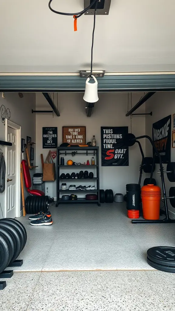 29 Creative Garage Interior Ideas You’ll Love 6 Interior of a garage gym with weights, shelving, and motivational wall art.