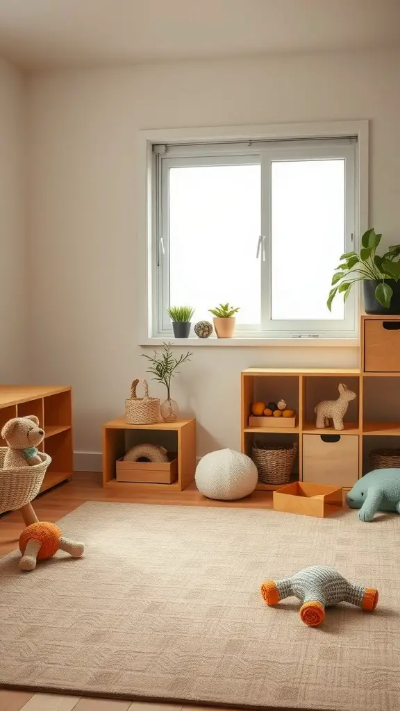 21 Inspiring Montessori Room Ideas for Creative Spaces 10 A bright, inviting Montessori room with soft textures, toys scattered around, and plants by the window.