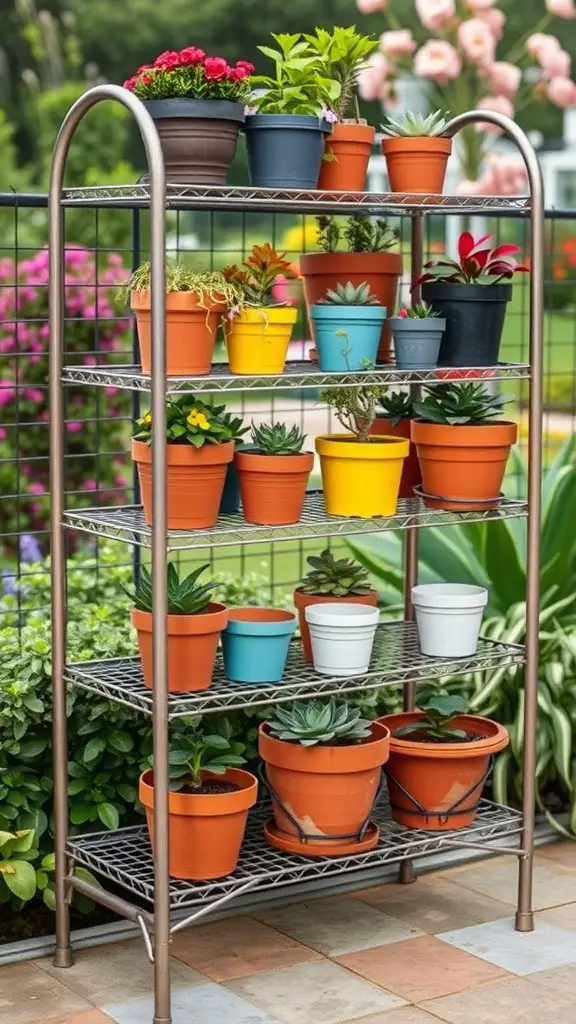 Multi-tiered metal plant shelf displaying colorful pots of various plants.