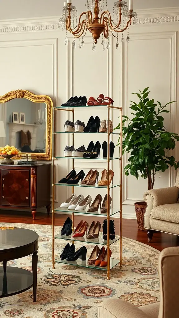 21 Creative Shoe Storage Ideas for Every Space 6 A multi-tiered shoe stand displaying various shoes, set in a stylish room with a chandelier and decorative furnishings.