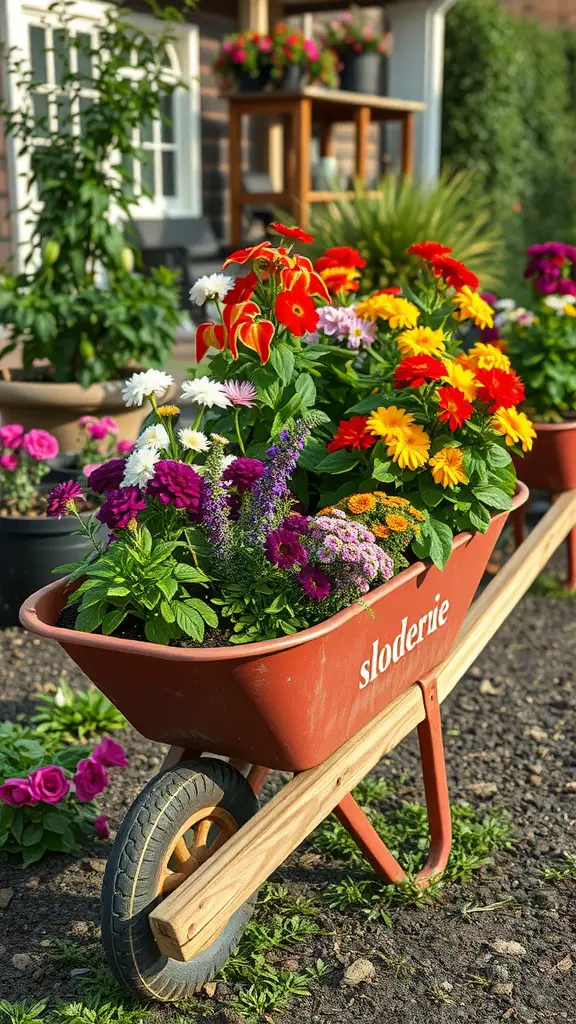 19 Creative Wheelbarrow Planter Ideas for Your Garden 8 A red wheelbarrow filled with colorful flowers in a garden setting