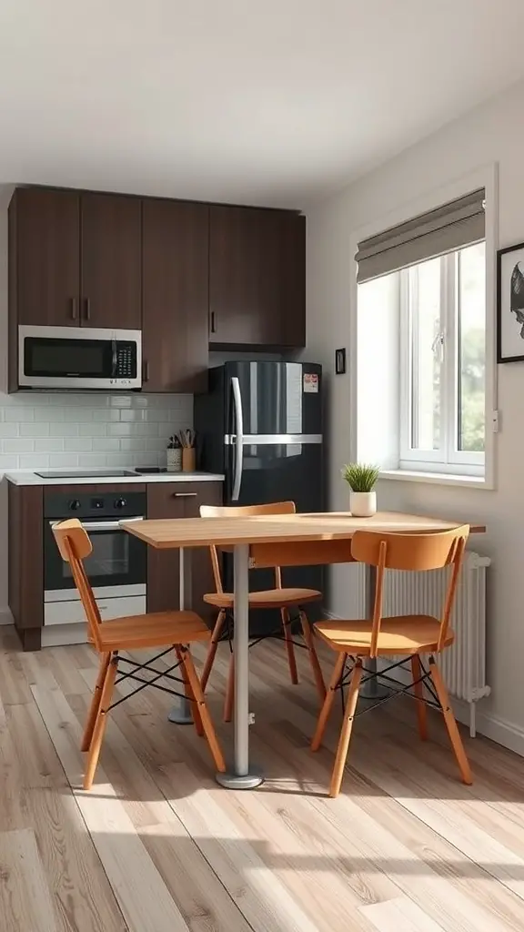 A small modern kitchen featuring a light wooden dining table and orange chairs