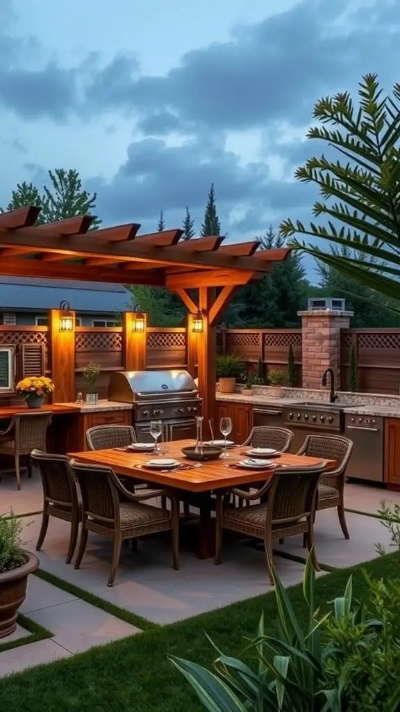 19 Stunning Covered Outdoor Kitchen Design Ideas You’ll Love 16 Cozy outdoor dining area with wooden table and grill, surrounded by greenery and warm lighting.