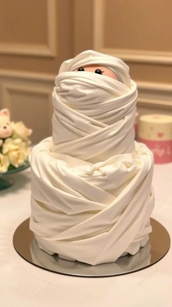 19 Creative Halloween Baby Shower Ideas to Spook Up Your Celebration 14 A creatively designed mummy diaper cake made from white diapers, wrapped like a mummy, with a doll's face peeking out