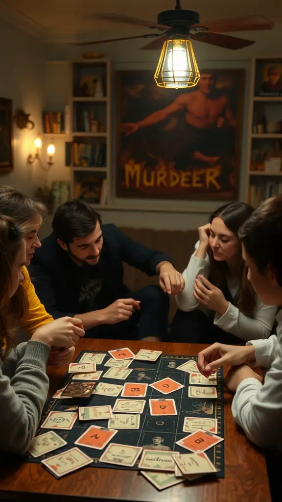 19 Fun Games for Adults to Enjoy at Your Next Gathering 17 Group of friends playing a Murder Mystery board game, with a dramatic 'Murderer' poster in the background.