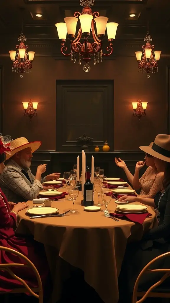 19 Fun Games for Adults to Enjoy at Your Next Gathering 5 A group of people dressed for a murder mystery dinner party, gathered around a well-set table with candles and elegant decor.