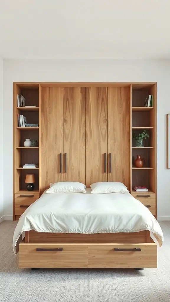 A stylish Murphy bed with integrated storage, featuring shelving and drawers for efficient space management.