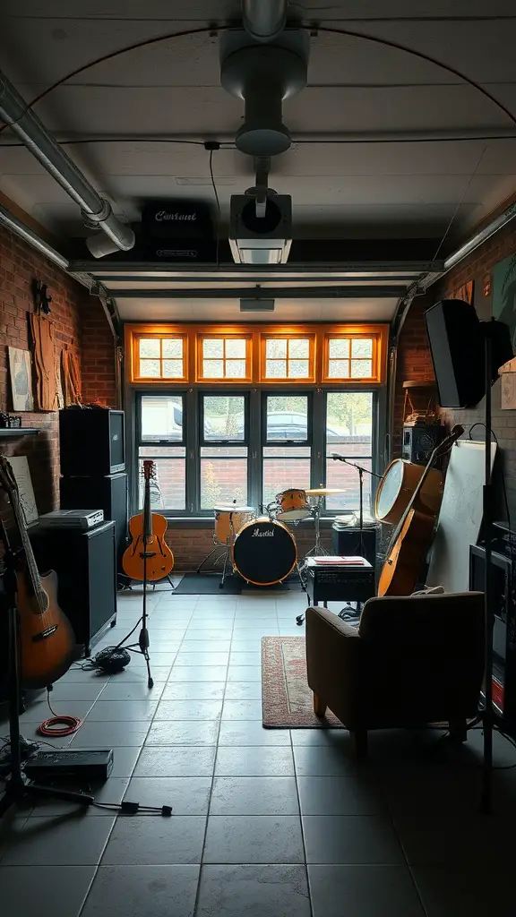 27 Creative Garage Hangout Ideas for Ultimate Chill Time 8 A garage transformed into a music jamming space with guitars, drums, amplifiers, and comfortable seating.