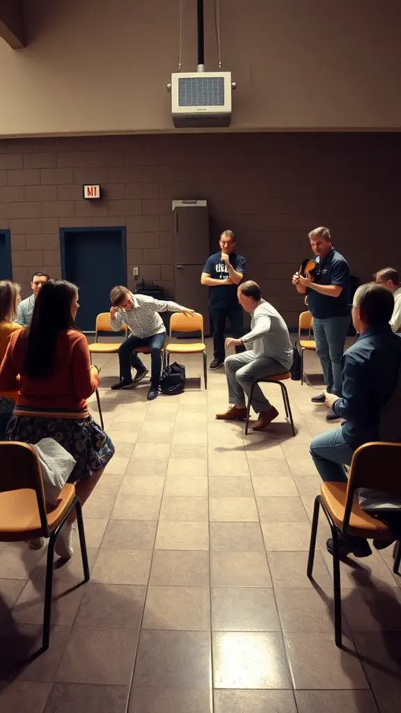 A group of adults playing Musical Chairs, with some people sitting and others getting ready to grab a chair.