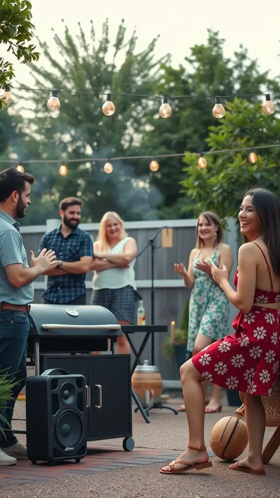 25 Creative Baby Q Shower Ideas to Celebrate Your Little One 13 A lively backyard party scene with friends enjoying music and each other's company.