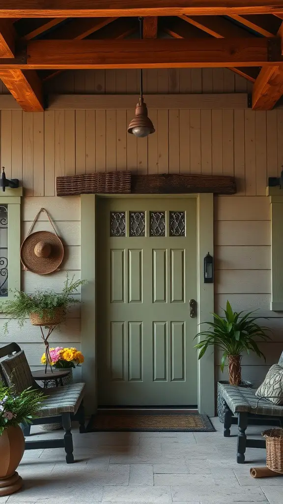 17 Stunning Green Front Door Ideas to Elevate Your Curb Appeal 6 A muted olive green front door with rustic details, surrounded by wooden beams, plants, and decorative items.
