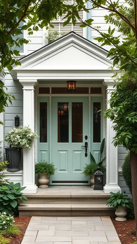 17 Stunning Green Front Door Ideas to Elevate Your Curb Appeal 12 A beautiful muted seafoam green front door framed by plants and elegant decor.