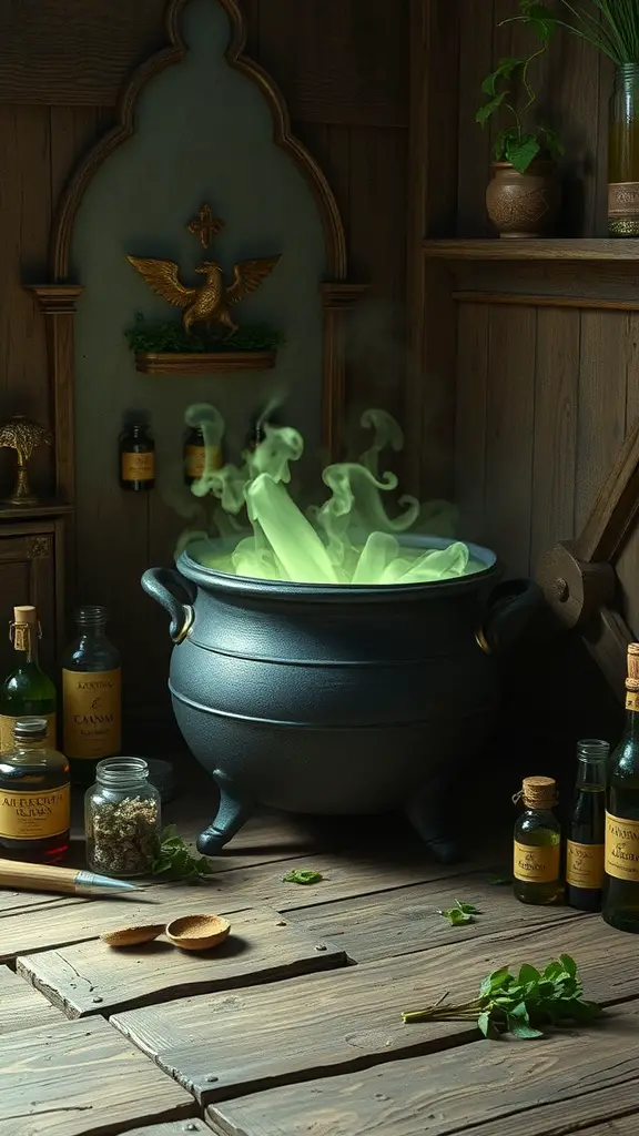 A black cauldron with mist, surrounded by potion bottles and herbs, creating a spooky Halloween vibe.