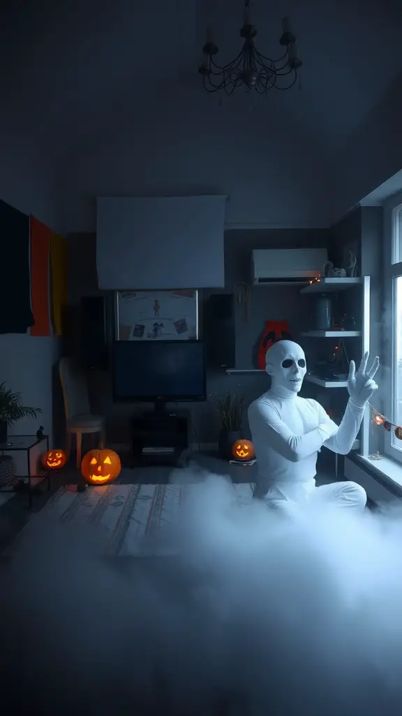 A foggy room with a figure in white and glowing pumpkin lanterns