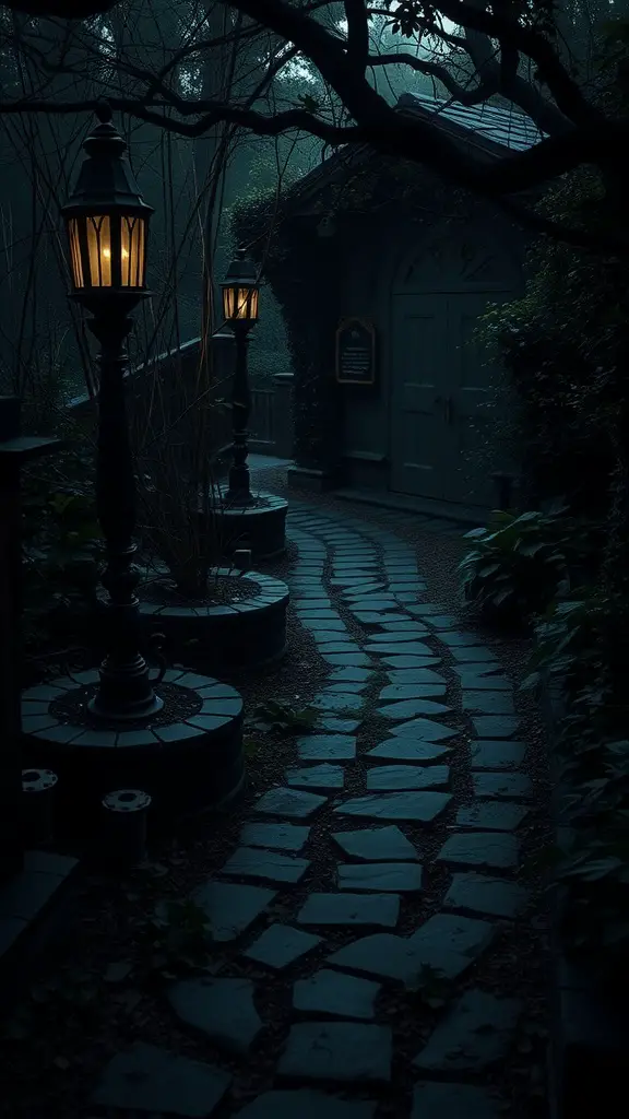 A stone pathway illuminated by lanterns in a dark, mysterious garden setting.