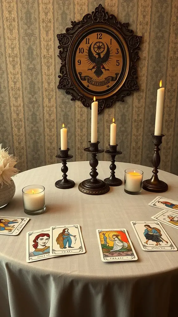 21 Spooktacular Goth Baby Shower Ideas You’ll Love 17 A cozy table set for a tarot card reading with candles, tarot cards, and a clock on the wall.