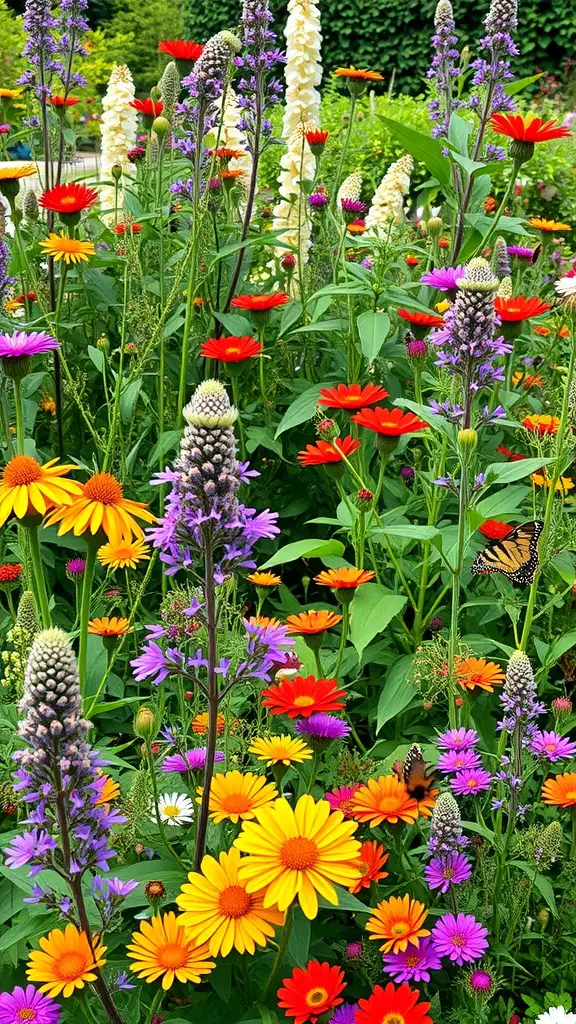 19 Modern Backyard Landscaping Ideas to Transform Your Outdoor Space 5 A colorful native plant garden featuring a variety of flowers attracting butterflies and bees.