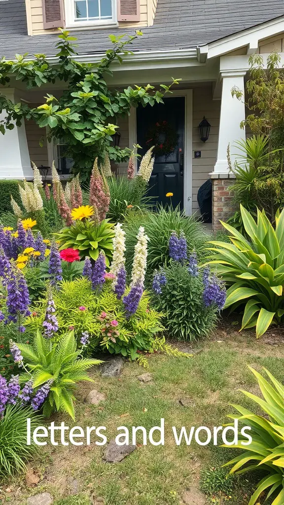 A colorful front yard garden featuring native plants with a variety of flowers and greenery.