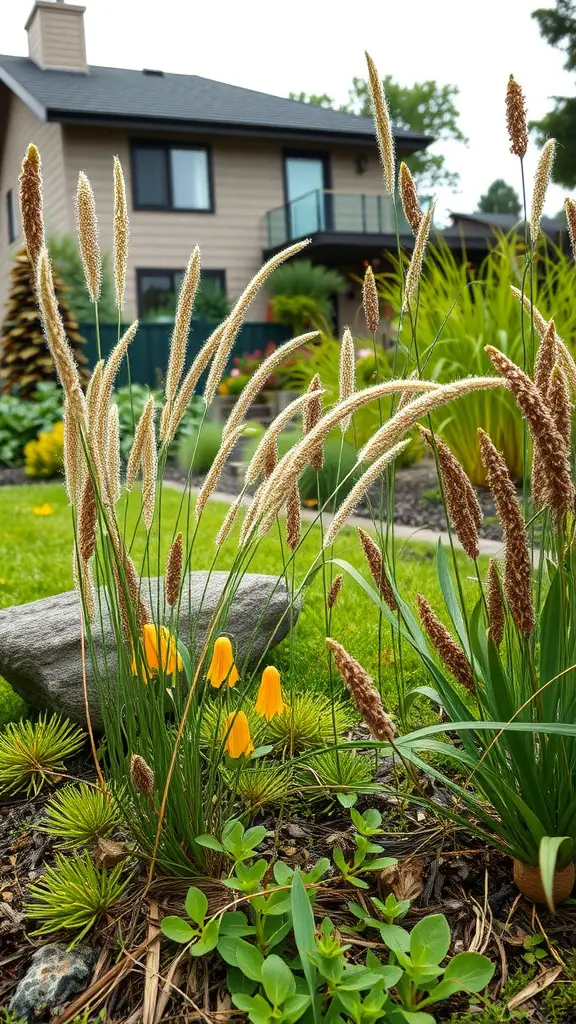 19 Stunning Landscaping Ideas for Your Home's Exterior 4 A landscape featuring native plants in front of a house, with tall grasses and yellow flowers.