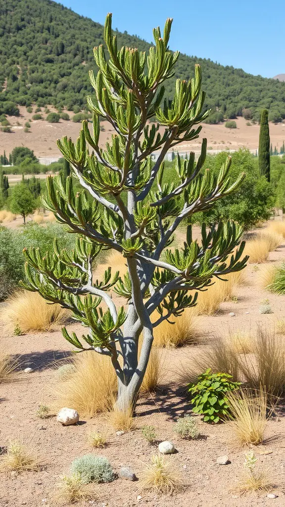 A unique native tree in a landscape, surrounded by natural grasses and shrubs.