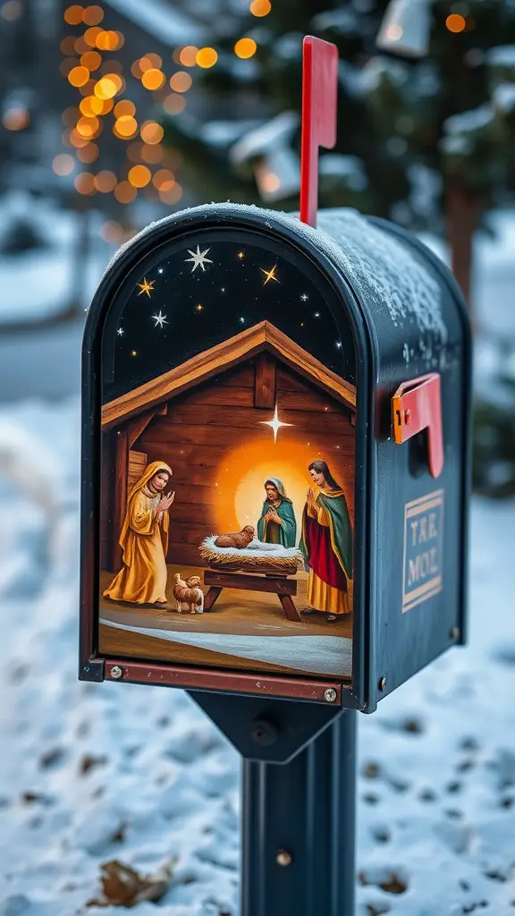 Mailbox decorated with a nativity scene, featuring Mary, Joseph, and baby Jesus, surrounded by stars and a small dog, set in a snowy environment.