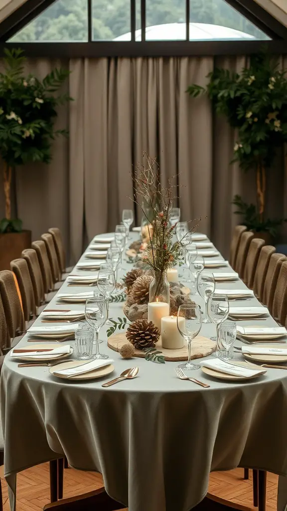 23 Stunning Banquet Decoration Ideas for Your Next Event 13 A beautifully decorated banquet table featuring natural elements like greenery, candles, and pinecones.