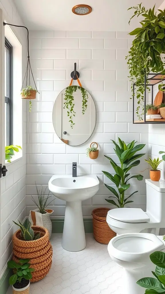 A stylish bathroom featuring various plants, white tiles, and woven baskets for a natural look