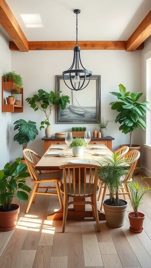 19 Stunning Modern Farmhouse Dining Room Ideas You’ll Love 9 A modern farmhouse dining room featuring a wooden table, plants, and natural light.